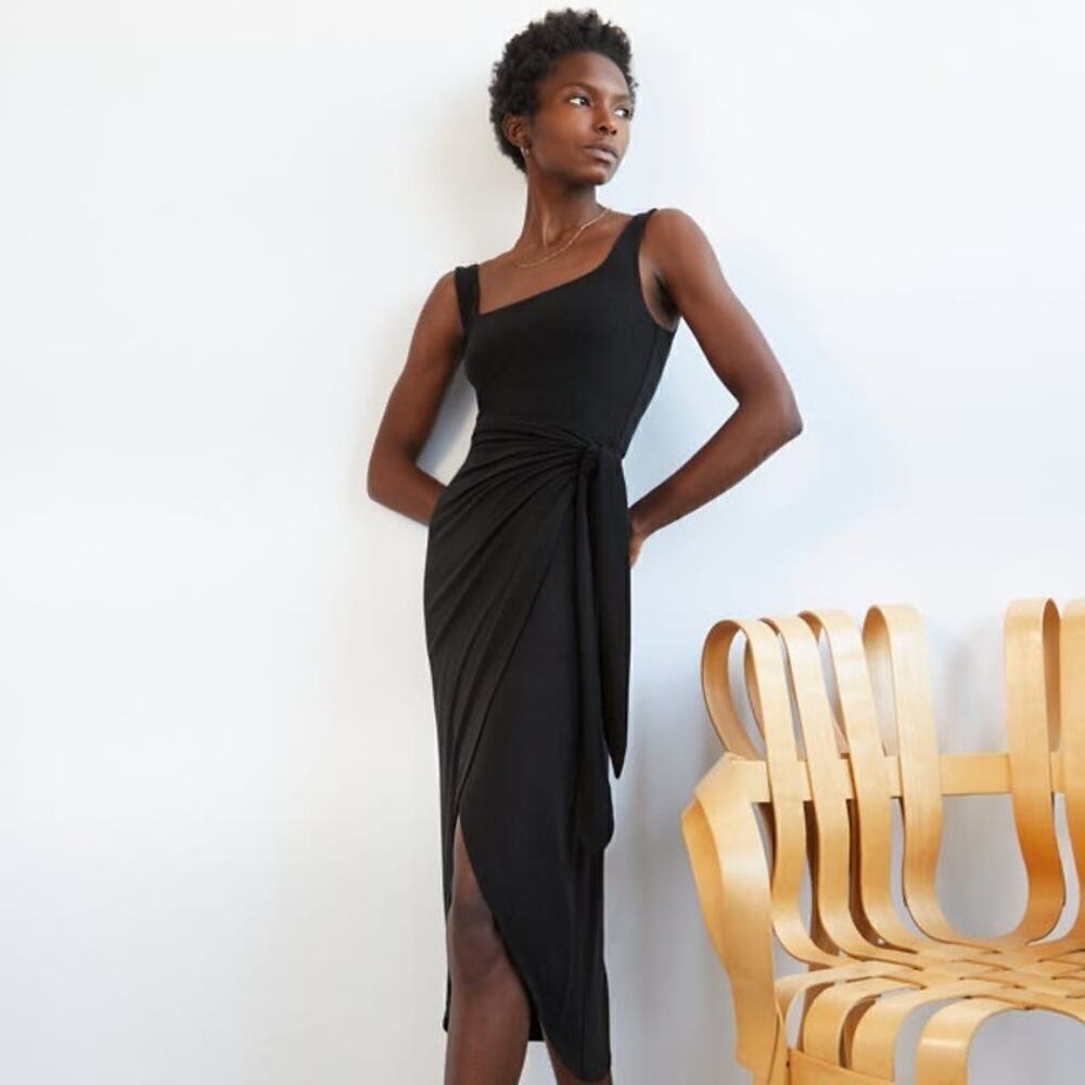 Aritza Wilfred Saturn Midi Wrap Dress Women XL Black Stretch Classic Modern